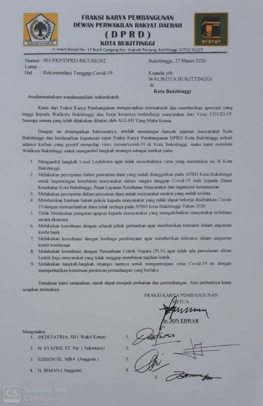 Surat rekomendasi Fraksi Karya Pembangunan ke Walikota Bukittinggi