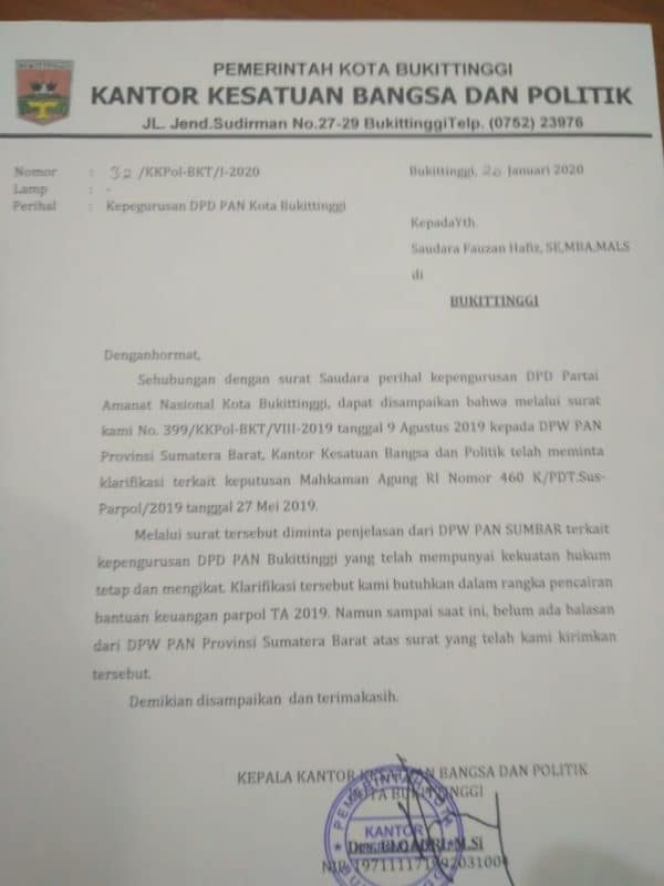 Surat Kesbangpol Kota Bukittinggi ke Fauzan Haviz, foto FR