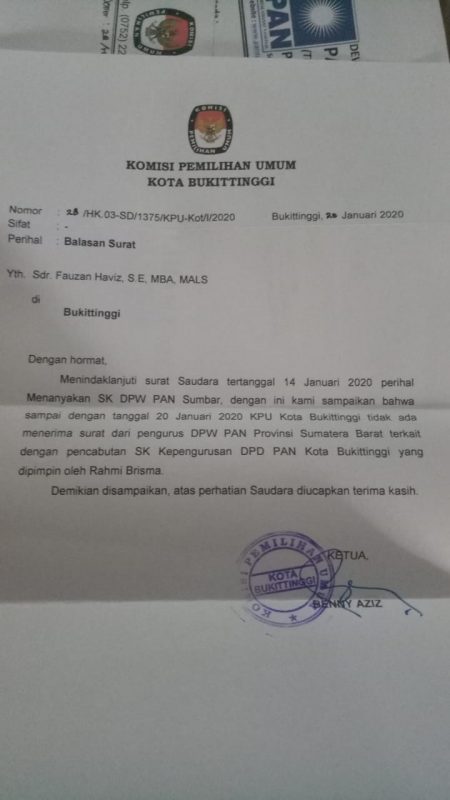 Surat KPU Bukittinggi ke Fauzan Haviz