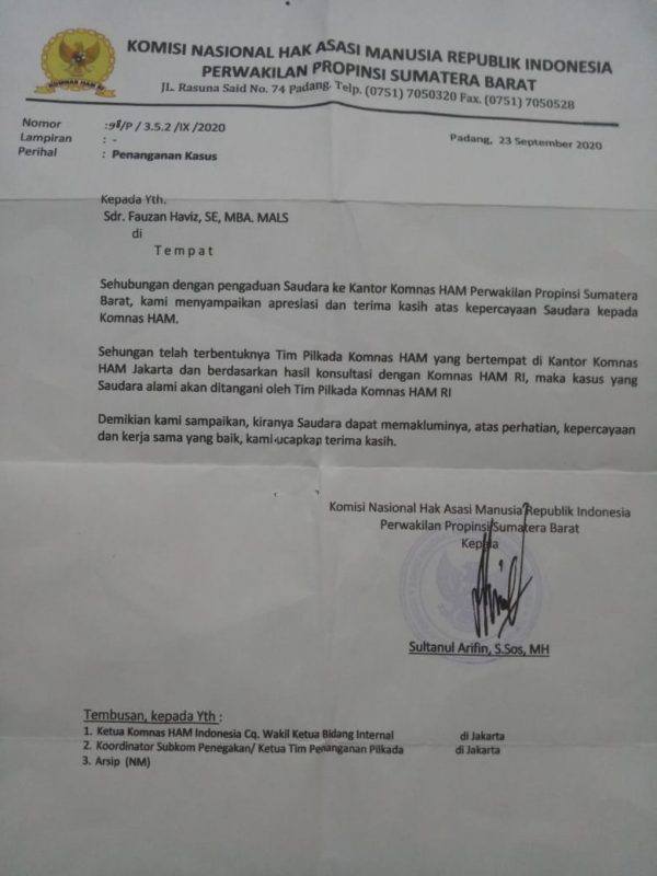 Surat dari Komnas HAM Sumbar