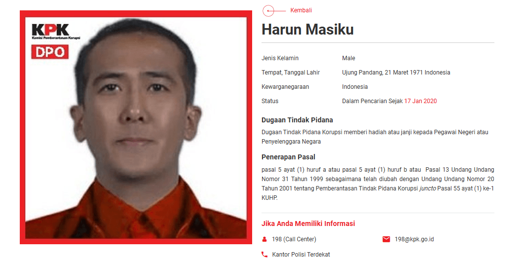 DPO atas nama Harun Masiku foto courtesy KPK